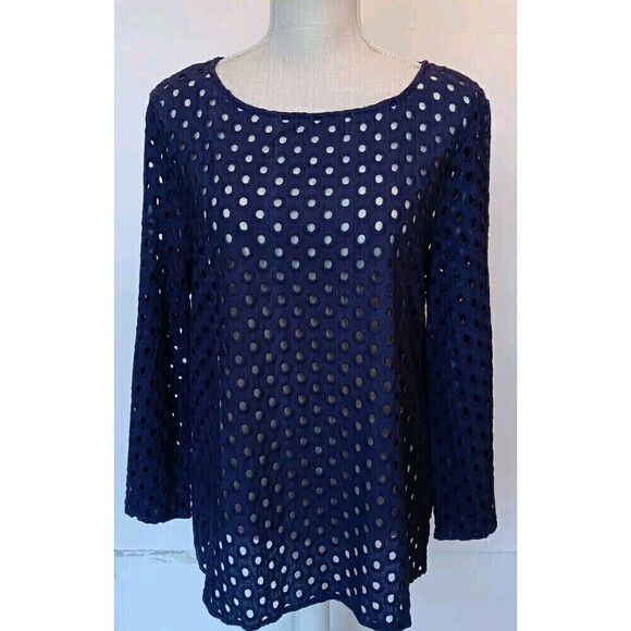 Simonton Says Women's Size L Navy Blue Cotton See-through Eyelet Blouse - Picture 1 of 7